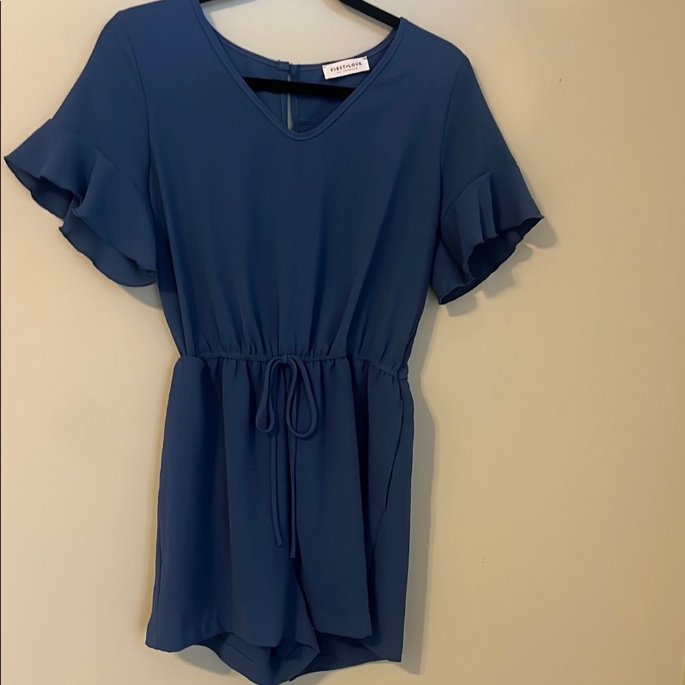 First Love Blue Romper with Ruffle Sleeves